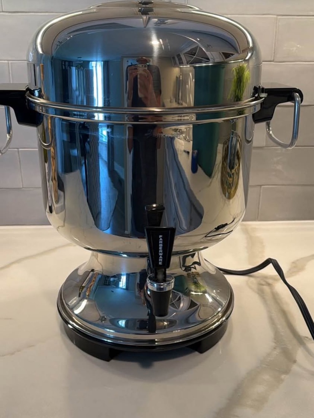 Farberware Polished Silver Stainless Steel Coffee percolator with Black Spigot
